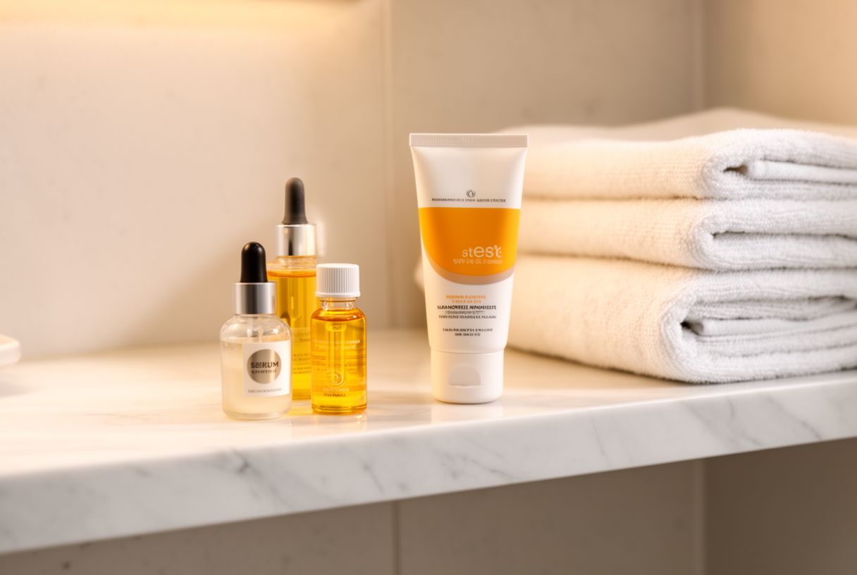Routine skincare matinale avec sérum vitamine C, rétinol et crème solaire sur une tablette de salle de bain