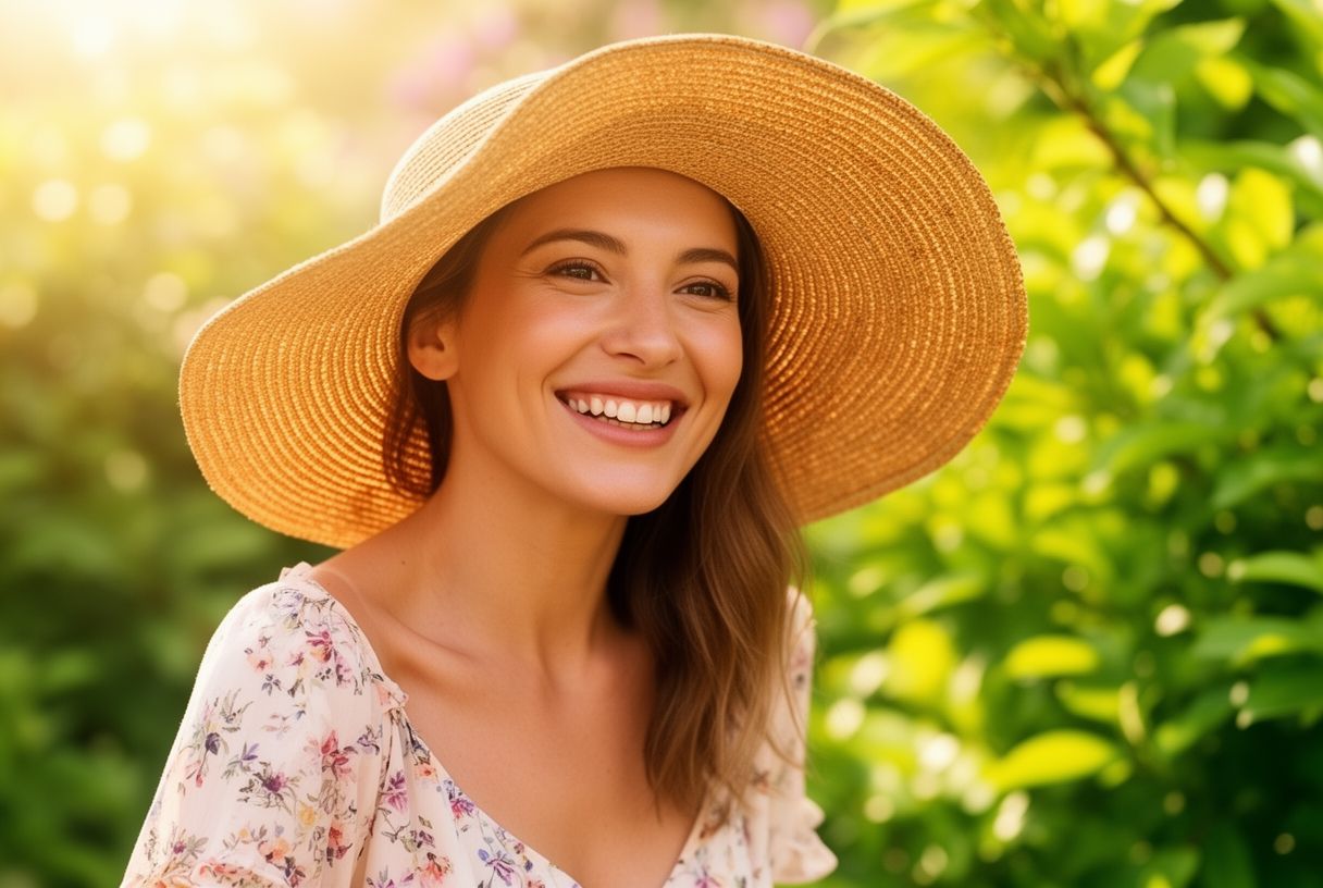 Femme portant un chapeau de paille et une robe fleurie souriante en plein soleil d'été
