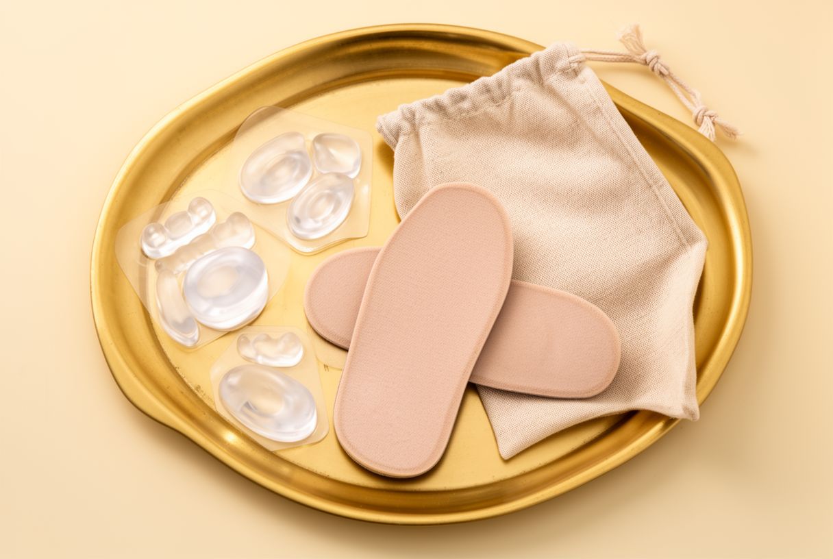 Flat lay d'accessoires confort pour talons hauts sur un plateau doré : coussinets silicone, pansements anti-ampoules, demi-semelles mousse