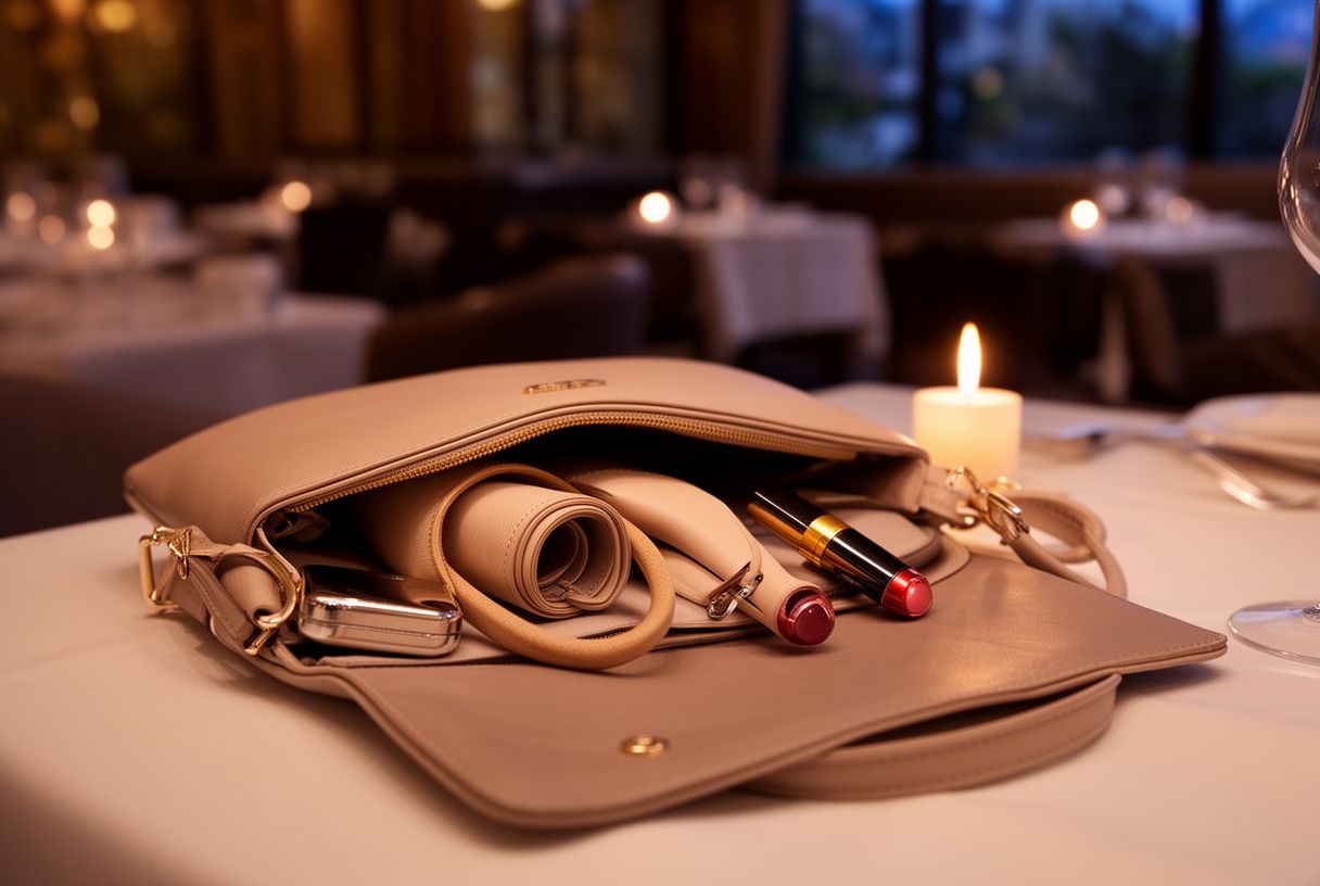 Sac à main élégant ouvert révélant une paire de ballerines pliables enroulées, posé sur une table de restaurant en soirée