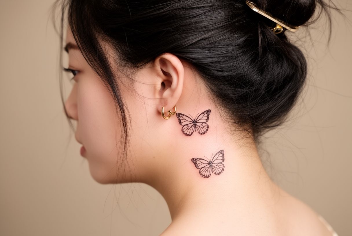 Petit tatouage papillon fine line derrière l'oreille sur la nuque d'une femme