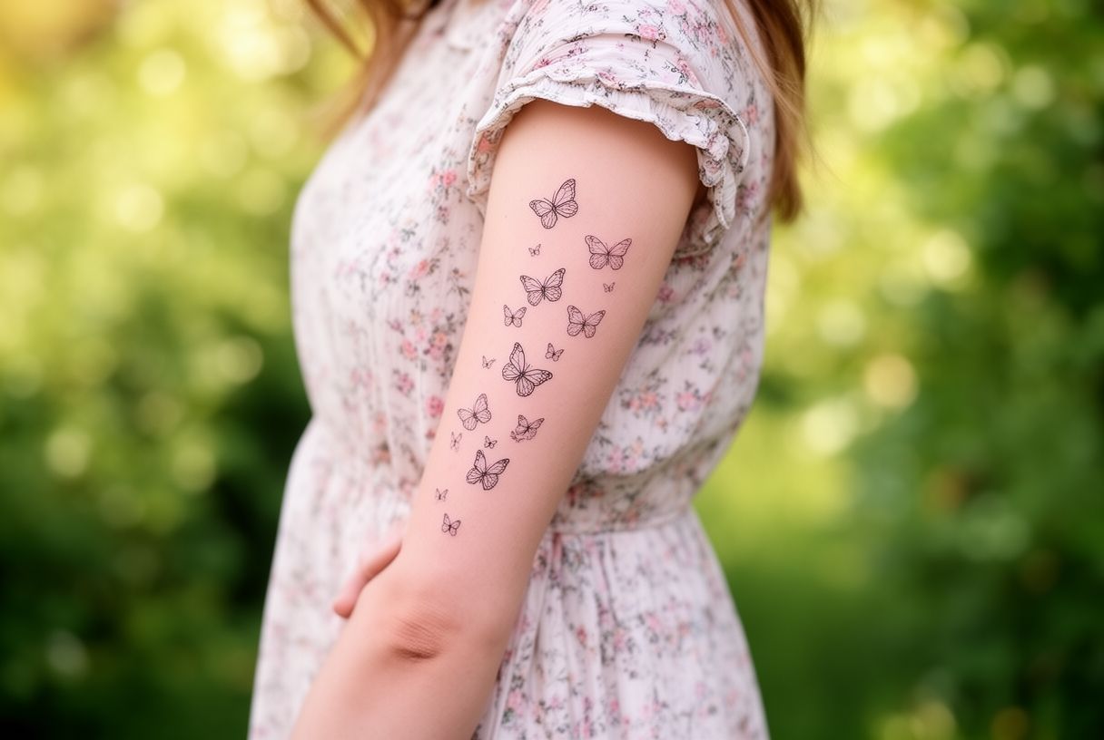 Constellation de petits papillons en migration le long du bras d'une femme