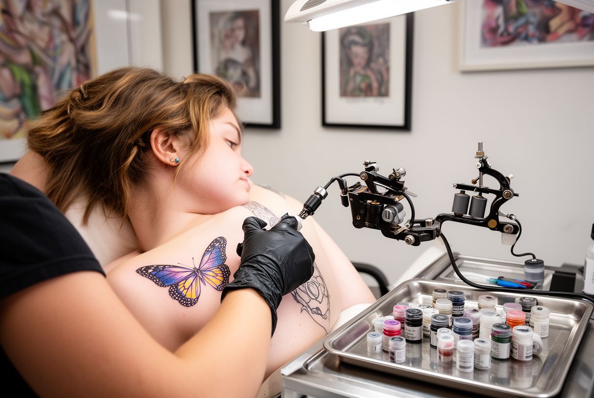 Tatoueur professionnel en gants noirs réalisant un tatouage papillon sur le dos d'une cliente