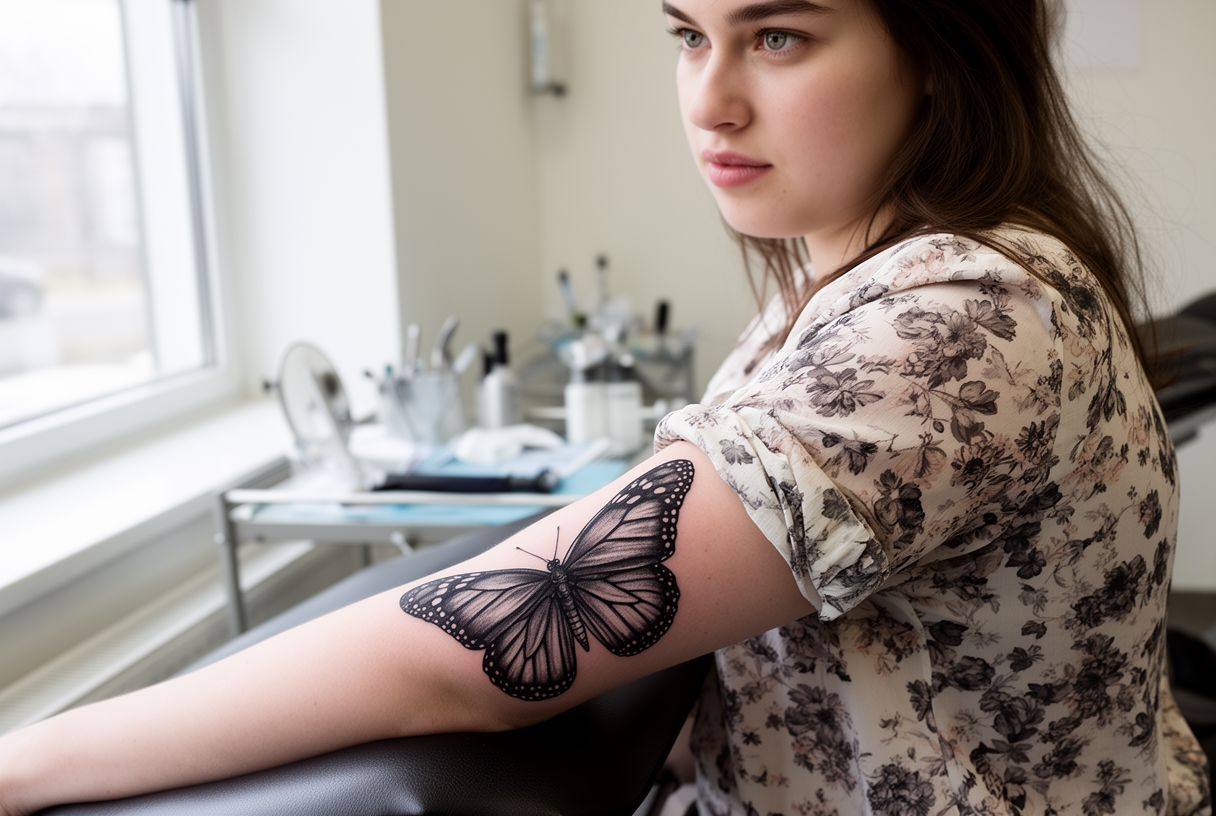 Tatouage papillon noir réaliste sur l'avant-bras d'une femme en studio