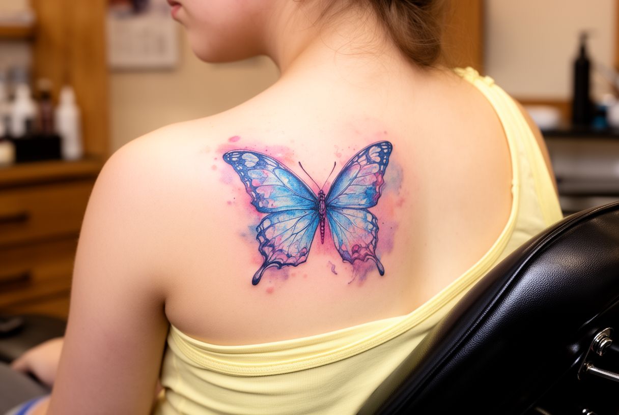 Tatouage papillon aquarelle bleu et rose sur l'omoplate d'une femme
