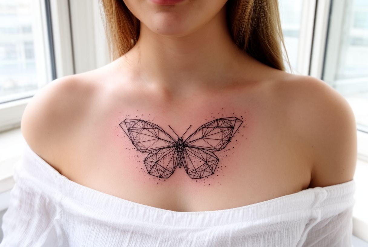 Tatouage papillon géométrique sur la clavicule d'une femme