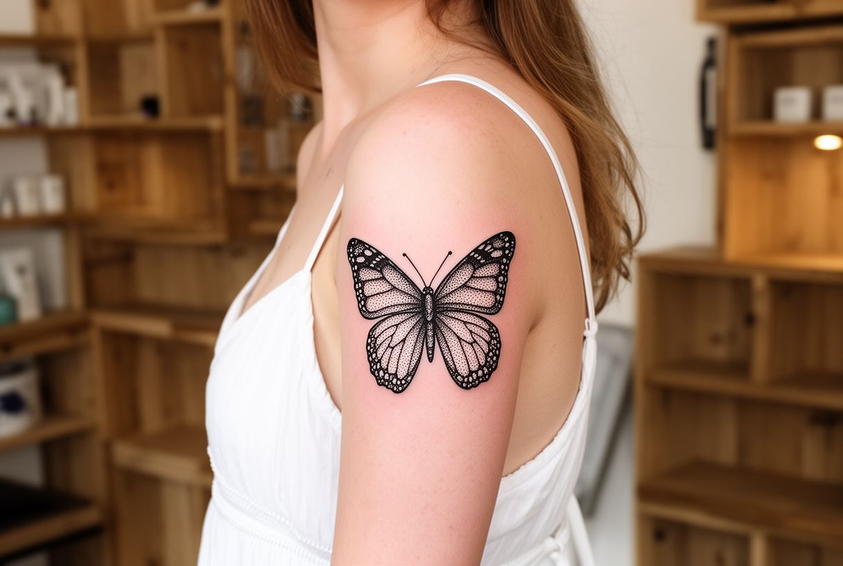 Tatouage papillon dotwork détaillé sur le haut du bras d'une femme