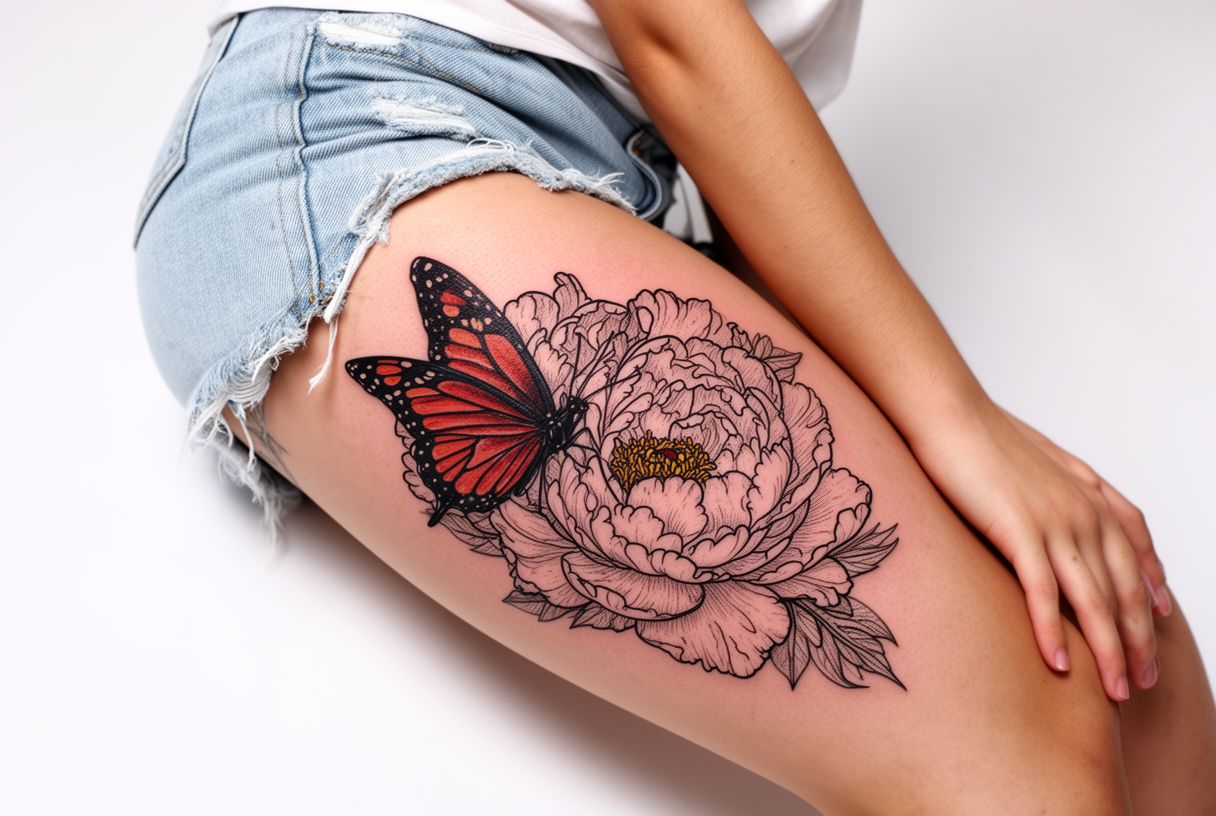 Grand tatouage papillon et pivoine sur la cuisse d'une femme