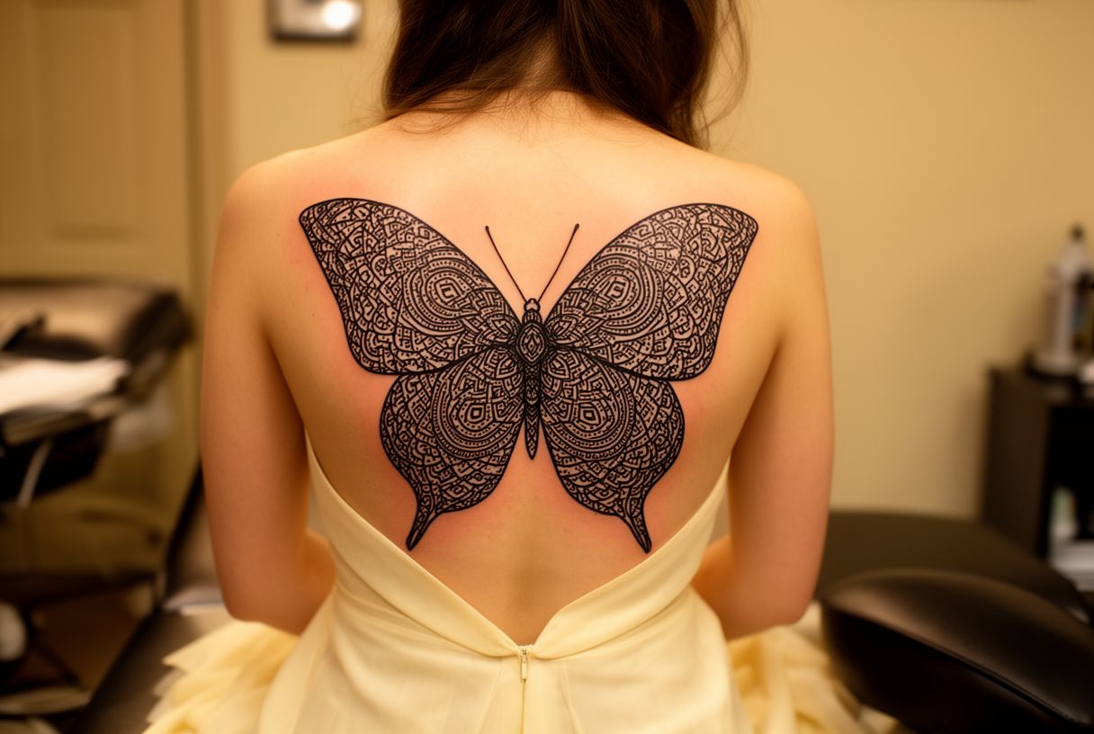 Tatouage papillon mandala centré dans le dos d'une femme