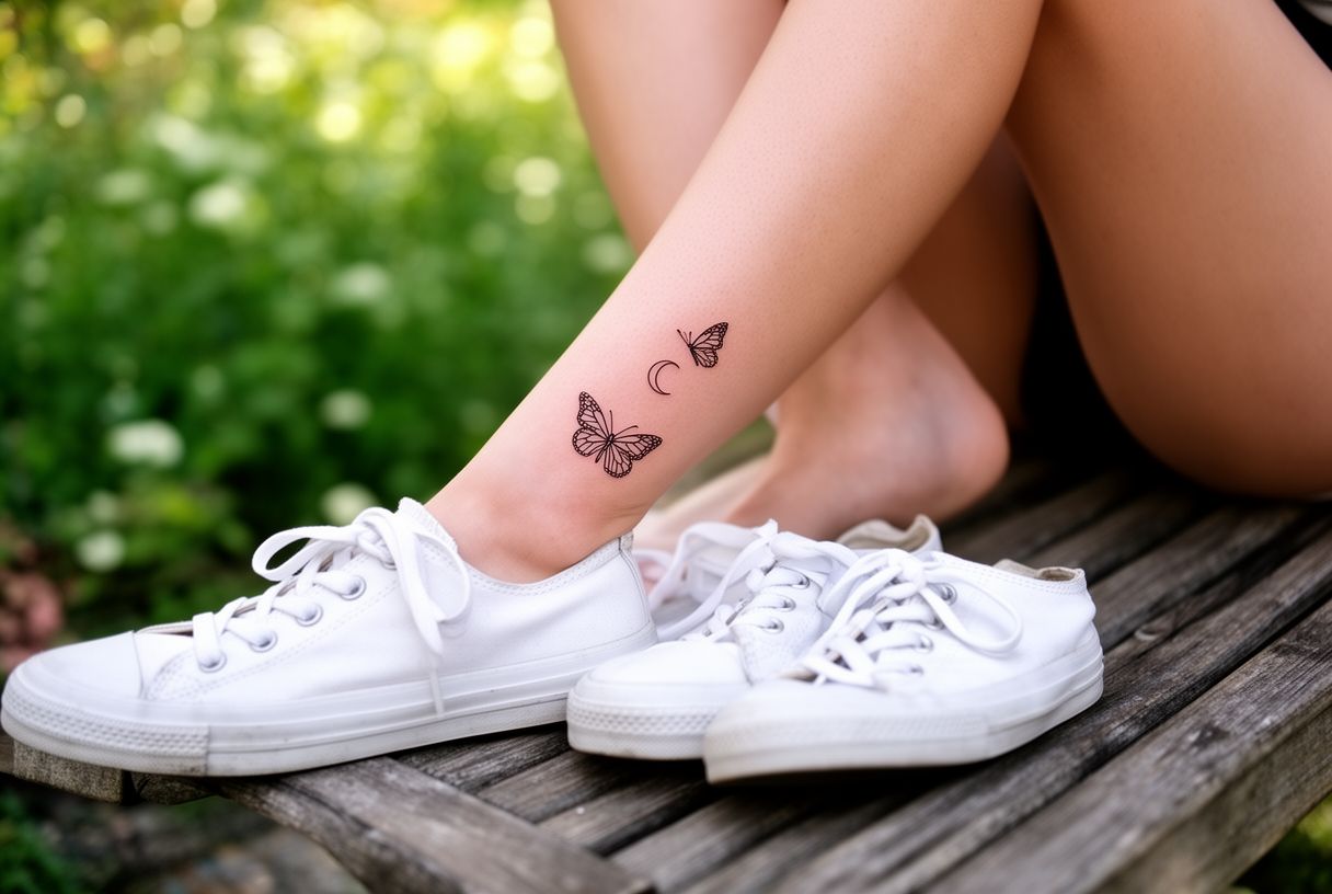 Tatouage papillon et lune croissante sur la cheville d'une femme