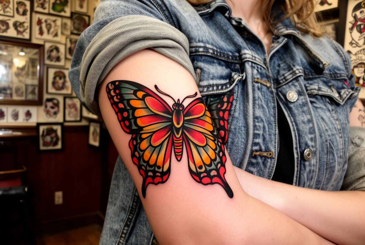 Tatouage papillon old school aux traits gras et couleurs vives sur l'avant-bras d'une femme