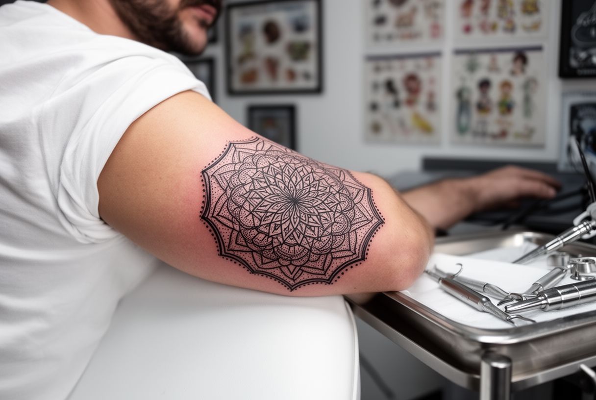 Tatouage géométrique mandala sur avant-bras masculin en encre noire
