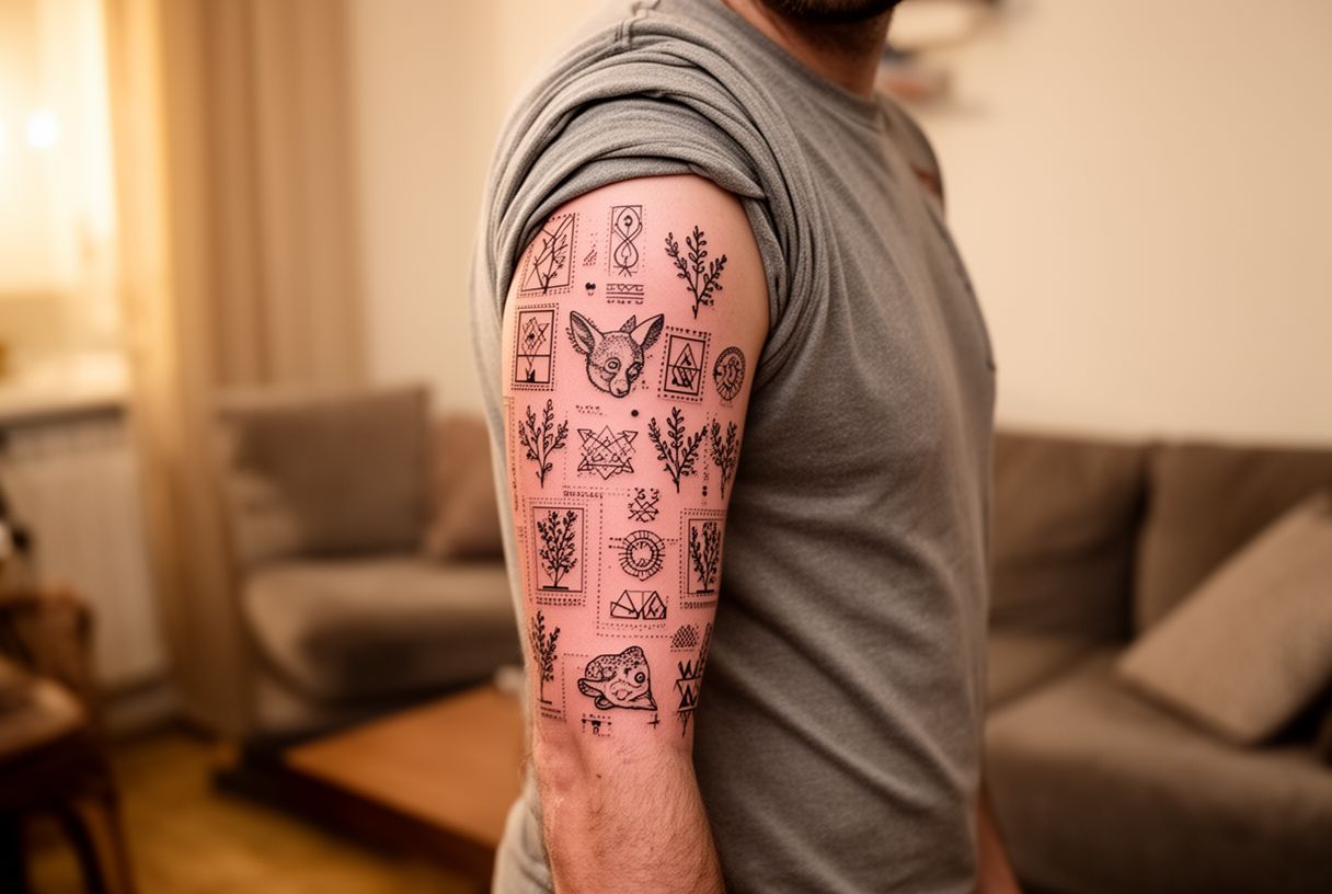 Sleeve patchwork sur avant-bras masculin, composition de petits motifs variés assemblés