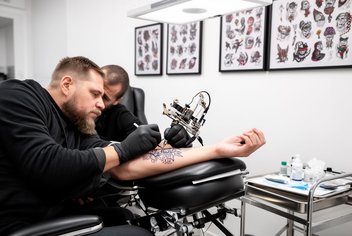 Tatoueur professionnel au travail sur l'avant-bras d'un client dans un salon propre et bien éclairé