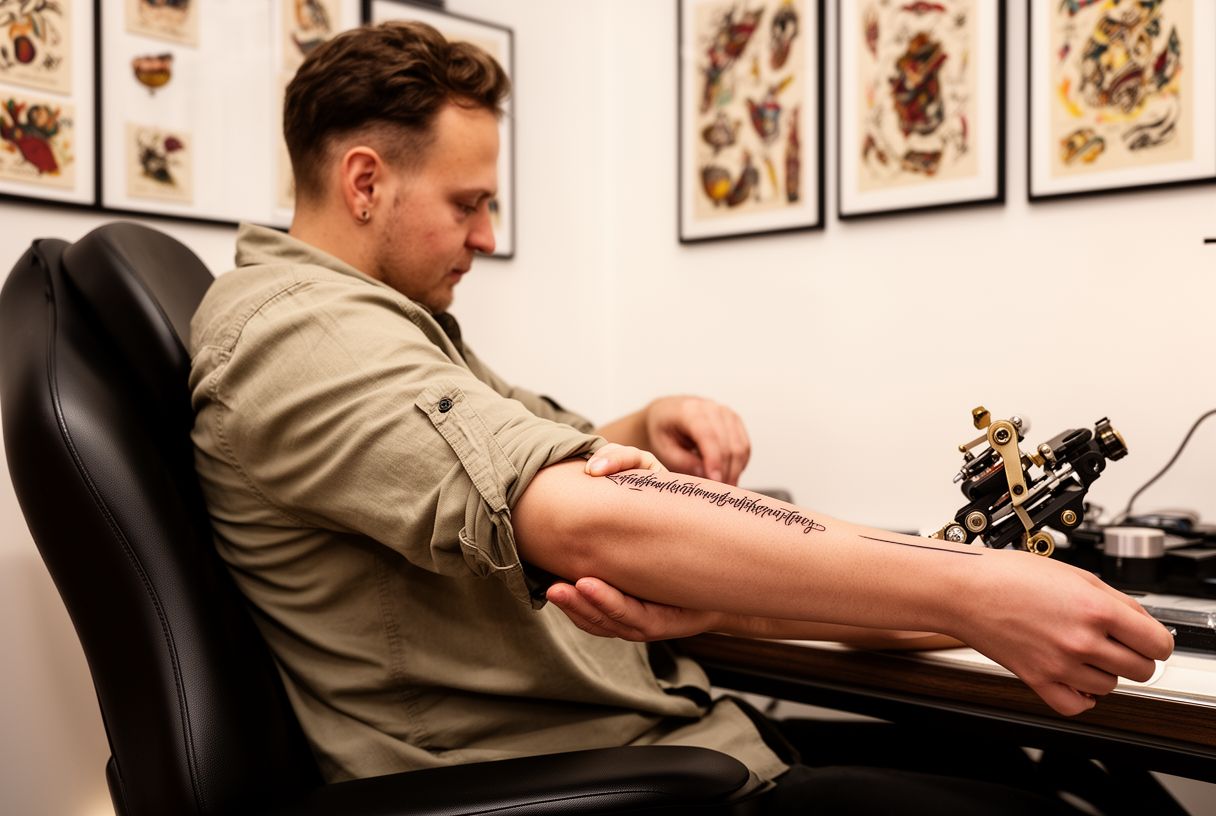 Homme dans un salon de tatouage montrant la face interne de son avant-bras tatoué