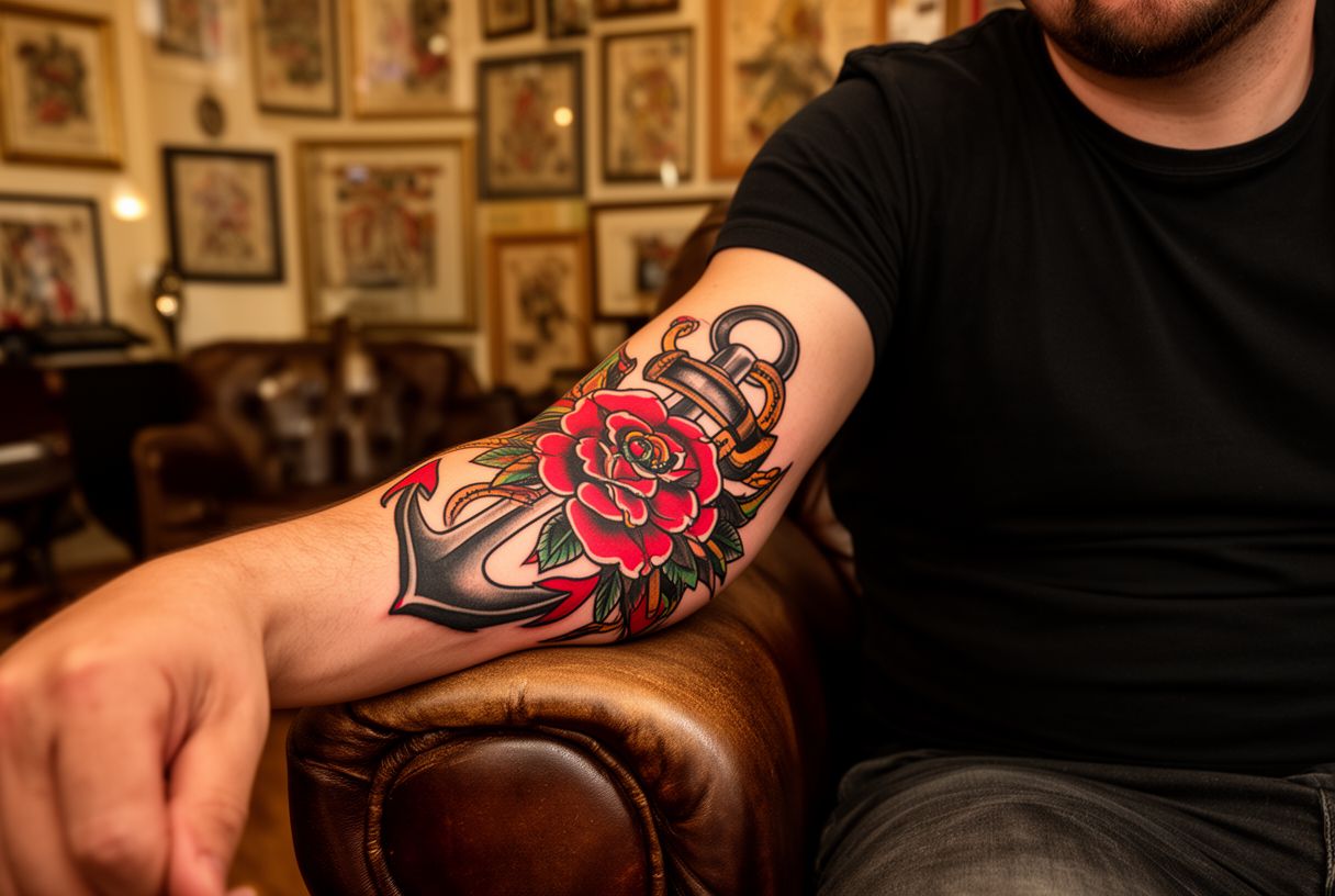 Tatouage old school américain ancre et rose sur avant-bras masculin en couleurs saturées