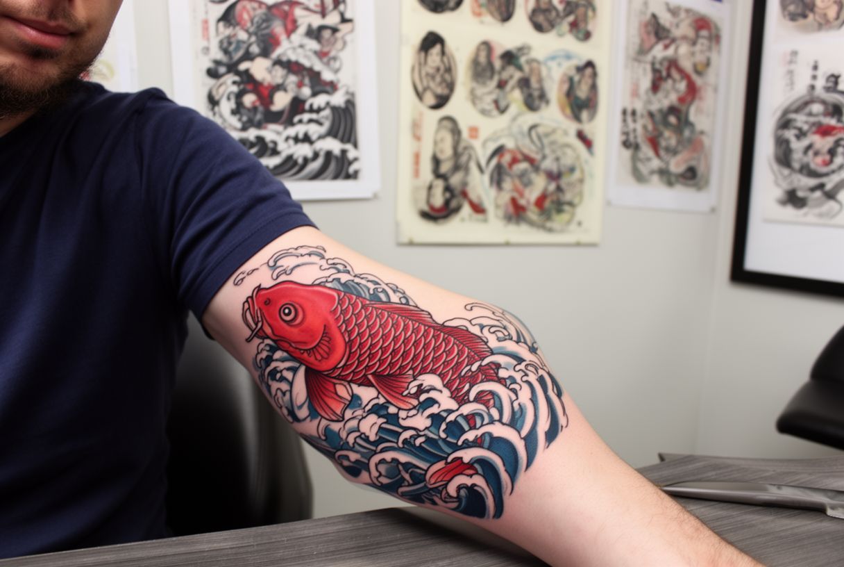 Tatouage japonais carpe koi colorée sur avant-bras d'un homme