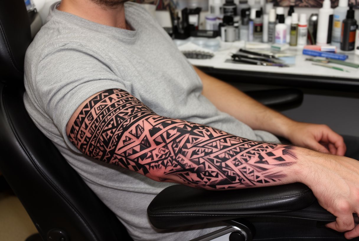 Tatouage blackwork tribal géométrique en encre noire couvrant l'avant-bras masculin