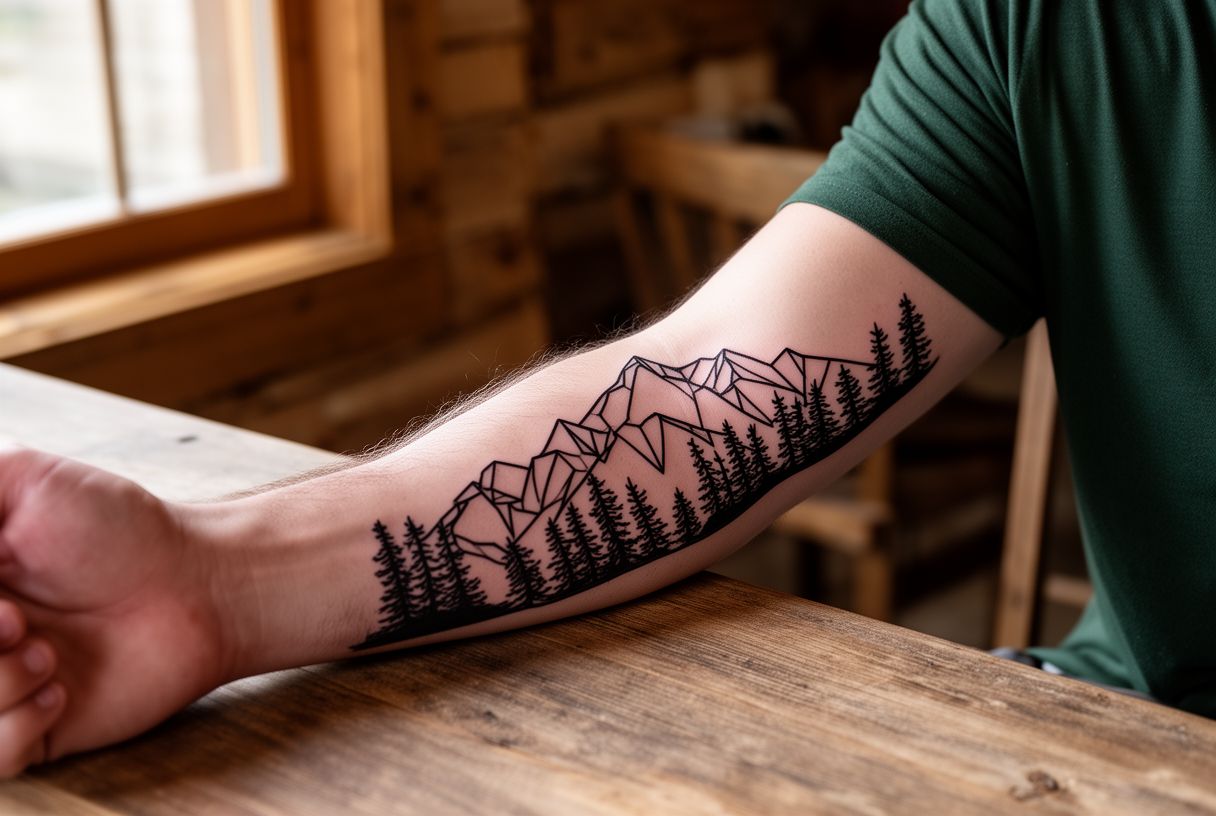 Tatouage silhouette montagne et forêt de pins en blackwork sur avant-bras masculin