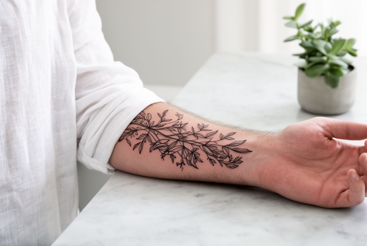 Tatouage fine line botanique délicat en trait ultra-fin sur avant-bras masculin