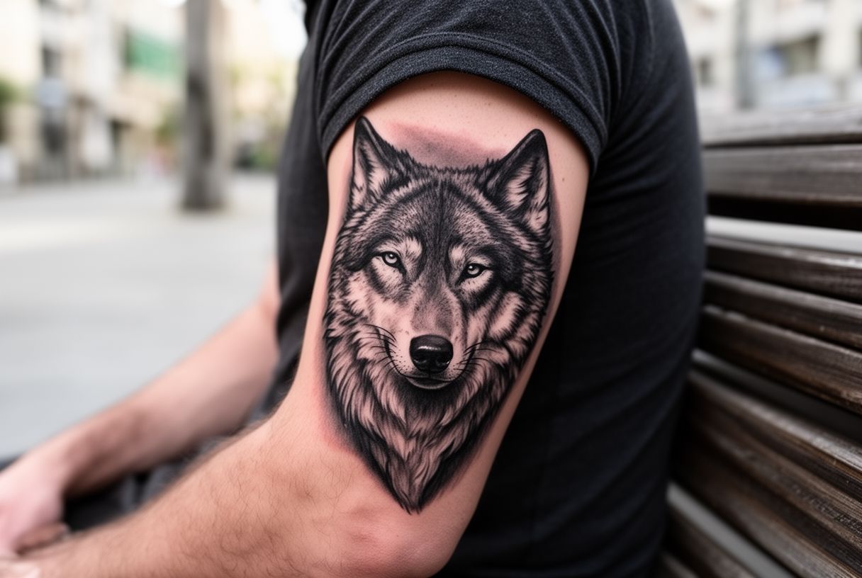Tatouage réalisme noir et gris cicatrisé portrait de loup sur avant-bras masculin