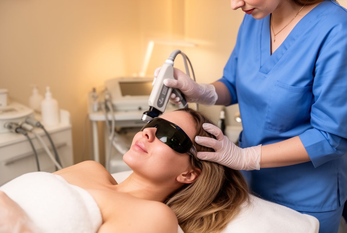Femme allongée sur un lit de soin en clinique esthétique portant des lunettes de protection pendant un traitement laser au visage