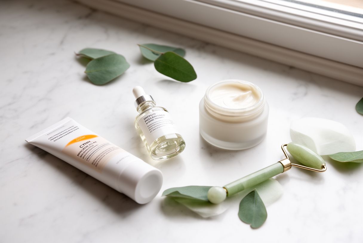Flat lay de produits de soin visage pour peaux à vaisseaux apparents posés sur une surface en marbre blanc
