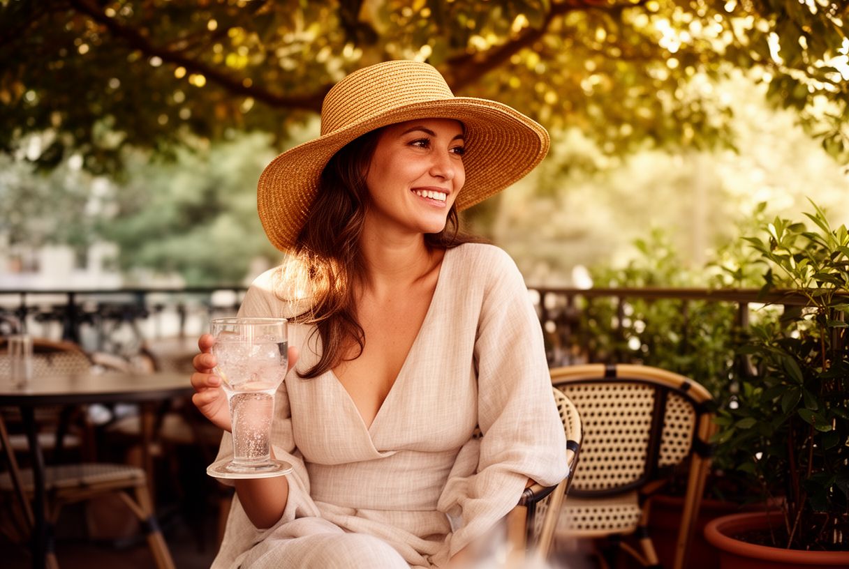 Femme souriante en chapeau de paille et robe en lin claire assise à la terrasse d'un café en plein air à l'ombre