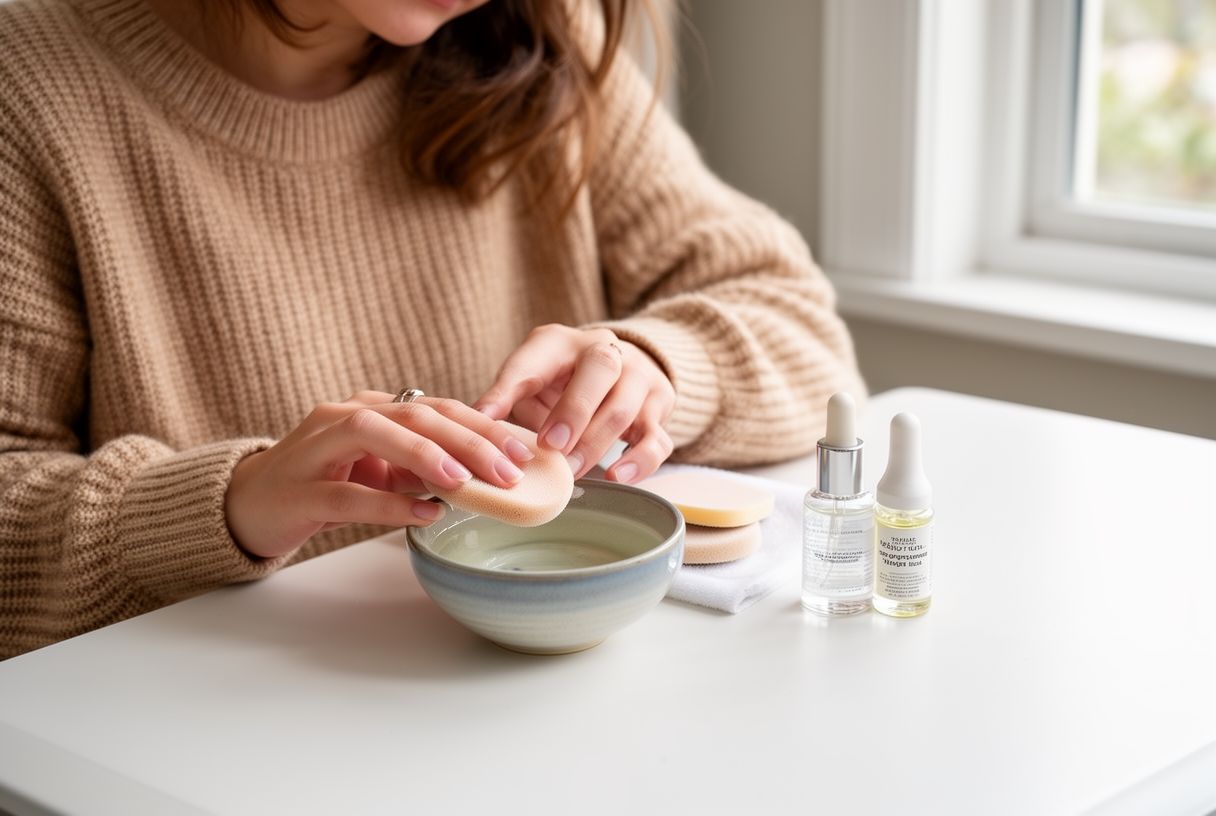 Femme prenant soin de ses ongles à domicile avec une lime douce, un bol d'eau tiède et une huile de cuticules posés sur une table blanche