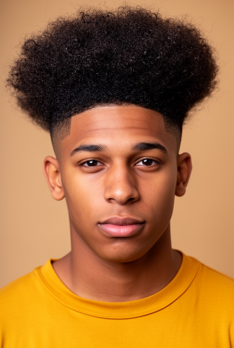 Homme aux cheveux afro avec un blowout taper volumineux