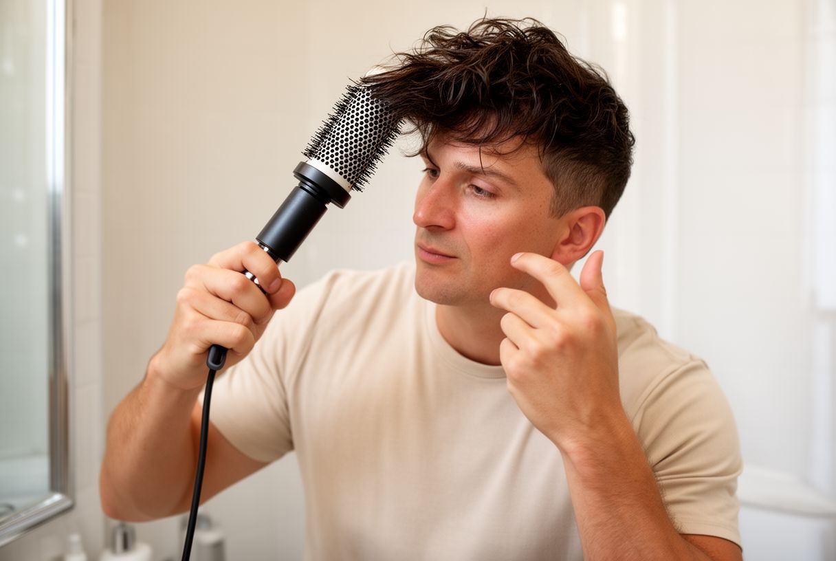 Homme séchant ses cheveux pour un effet blowout