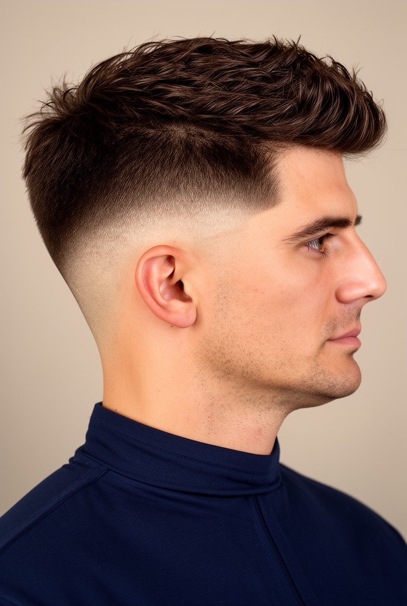 Homme avec un blowout et un taper bas discret près de la nuque