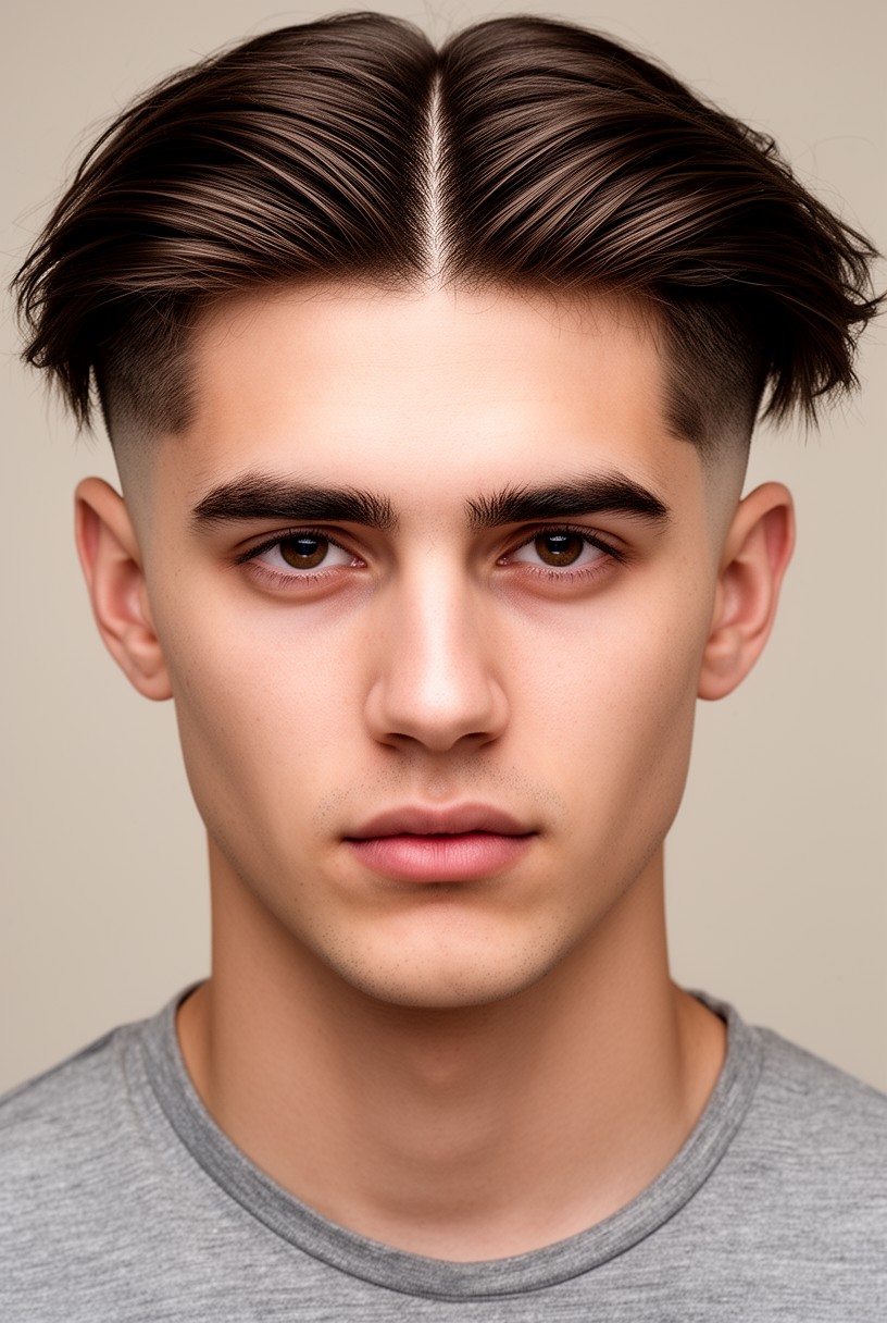 Homme avec un blowout taper et une raie tracée au rasoir
