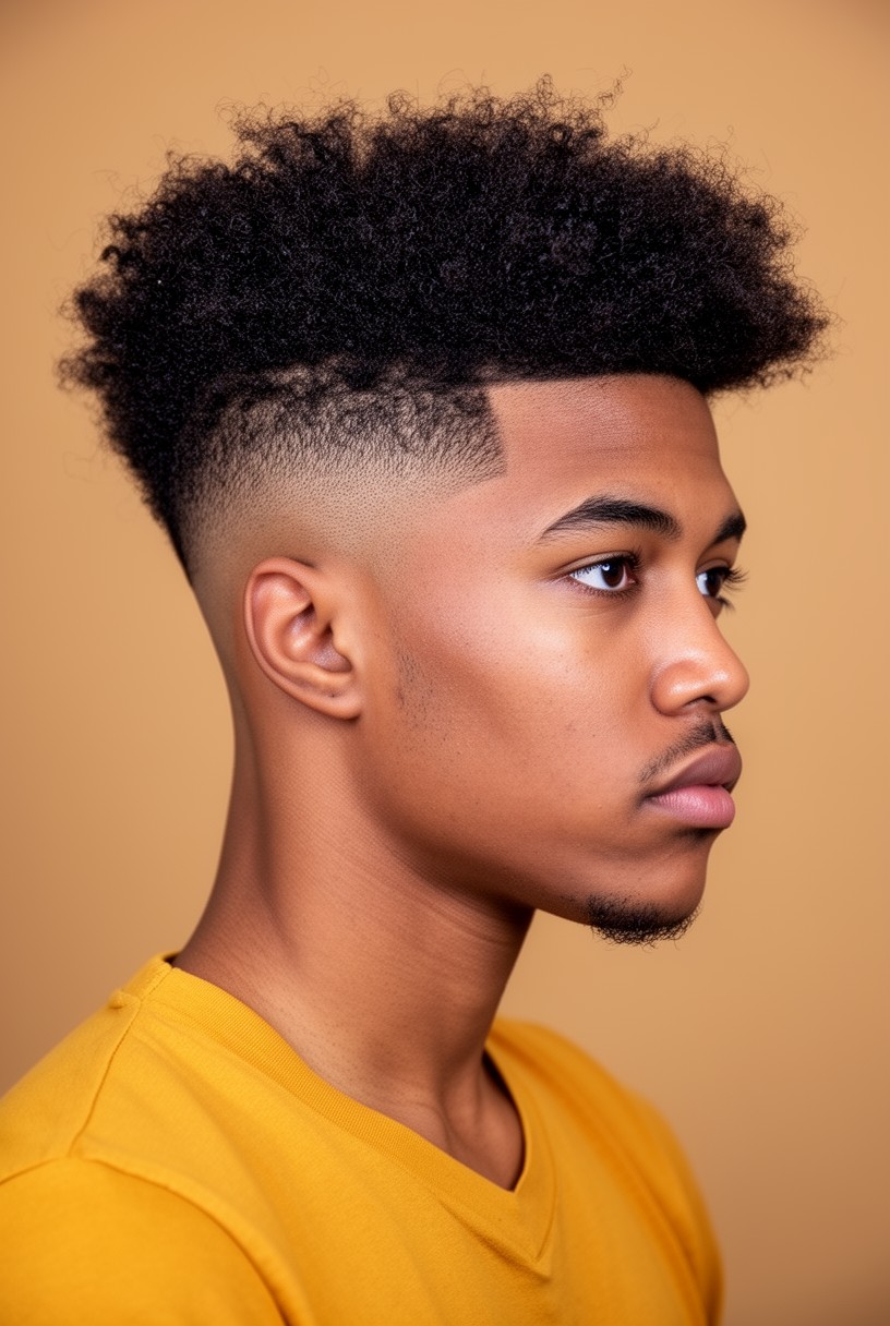 Homme aux cheveux afro avec un burst fade net autour de l'oreille