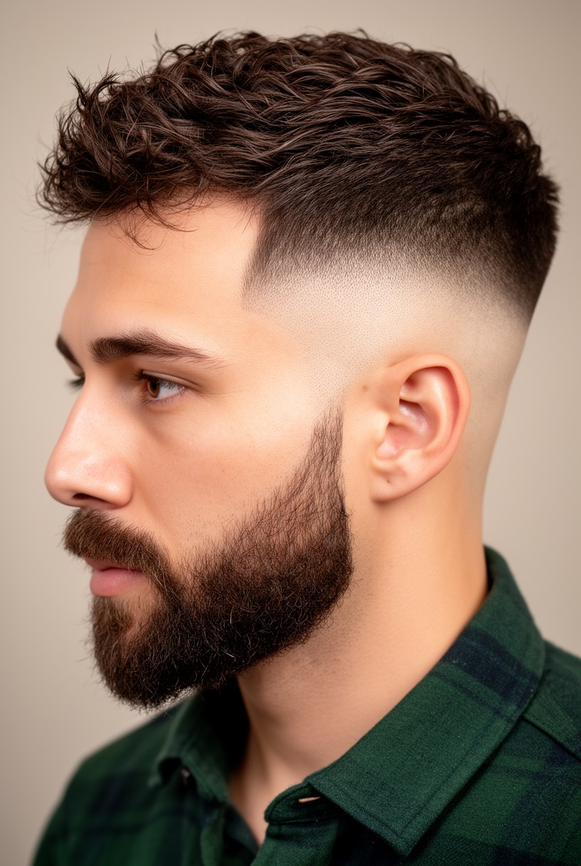 Homme avec un burst fade et une barbe fondue reliée aux côtés