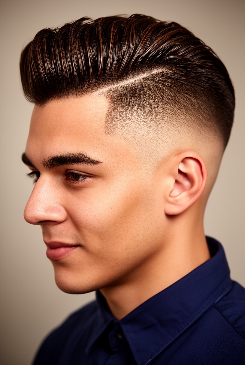 Homme avec un burst fade et un dessus coiffé en pompadour