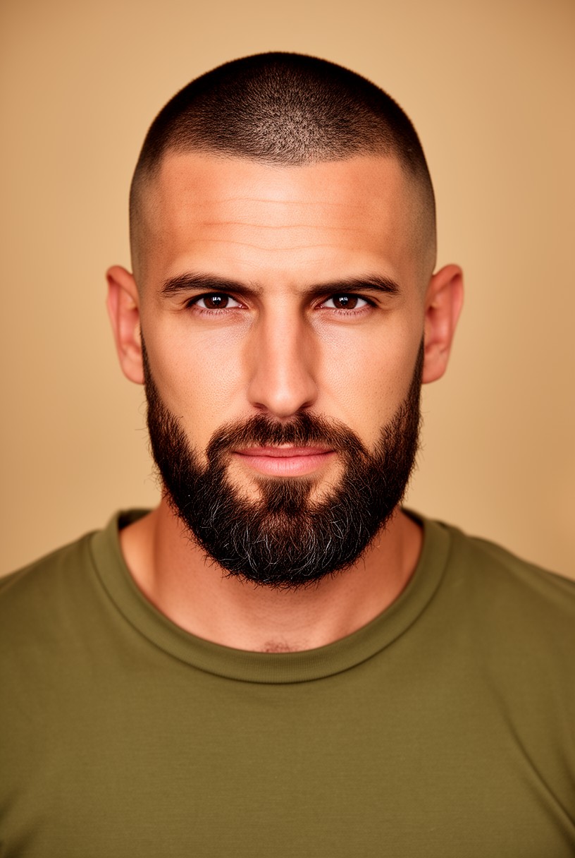 Homme avec un buzz cut et une barbe courte fournie
