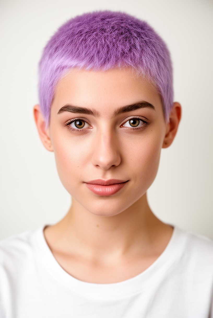 Jeune femme avec un buzz cut coloré en pastel