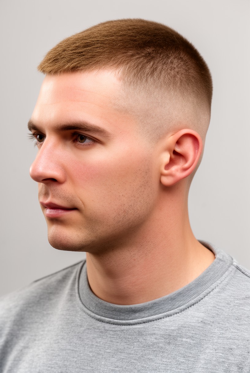Portrait de profil d'un homme avec un buzz cut uniforme