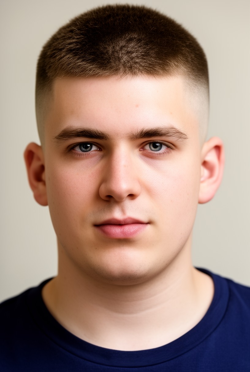 Homme au visage rond avec un buzz cut légèrement dégradé