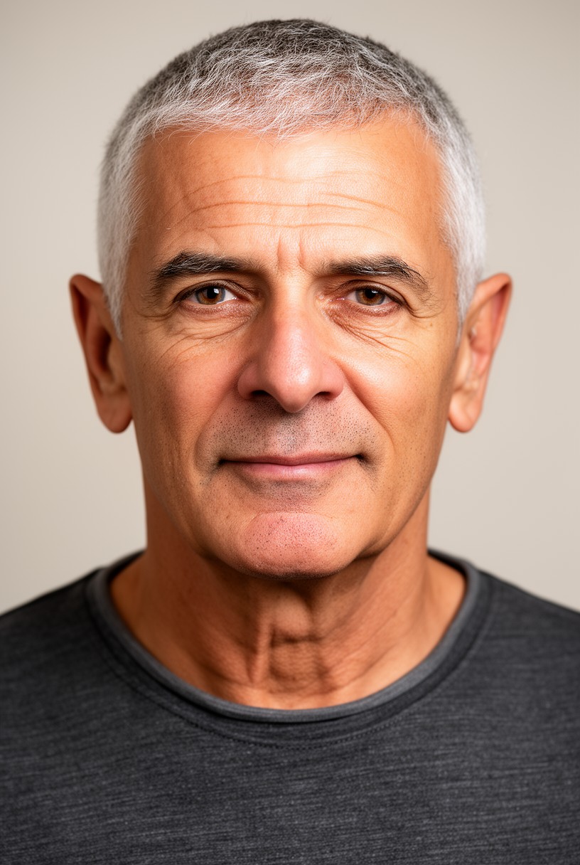 Homme d'une soixantaine d'années avec un buzz cut poivre et sel