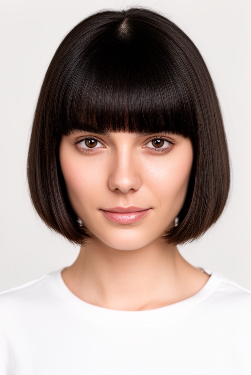Femme avec un blunt bob net et une frange rideau