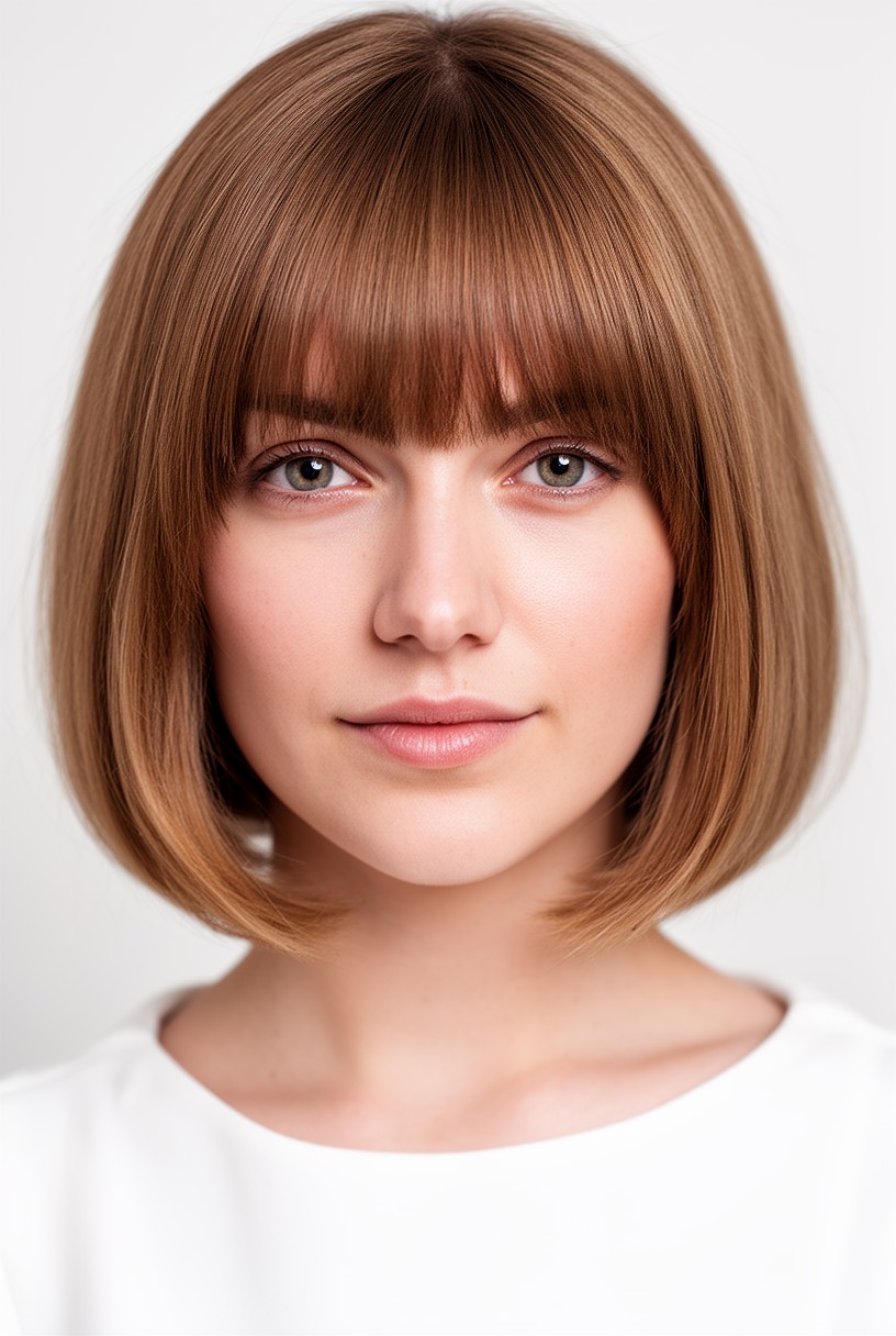 Gros plan sur une frange rideau bien ouverte de part et d'autre du visage