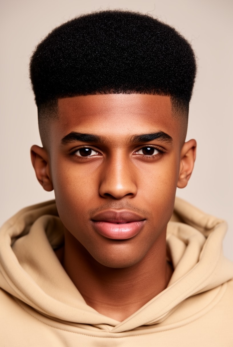 Homme noir avec une coupe casquette sur cheveux afro et côtés fondus