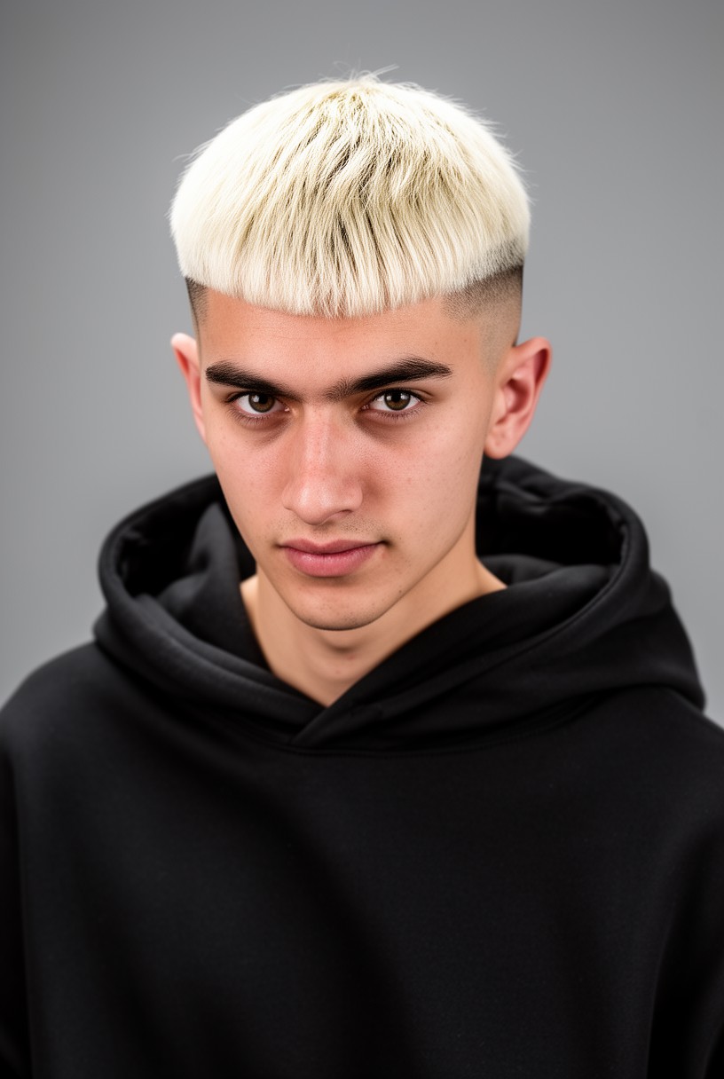 Jeune homme avec une coupe casquette décolorée en blond platine