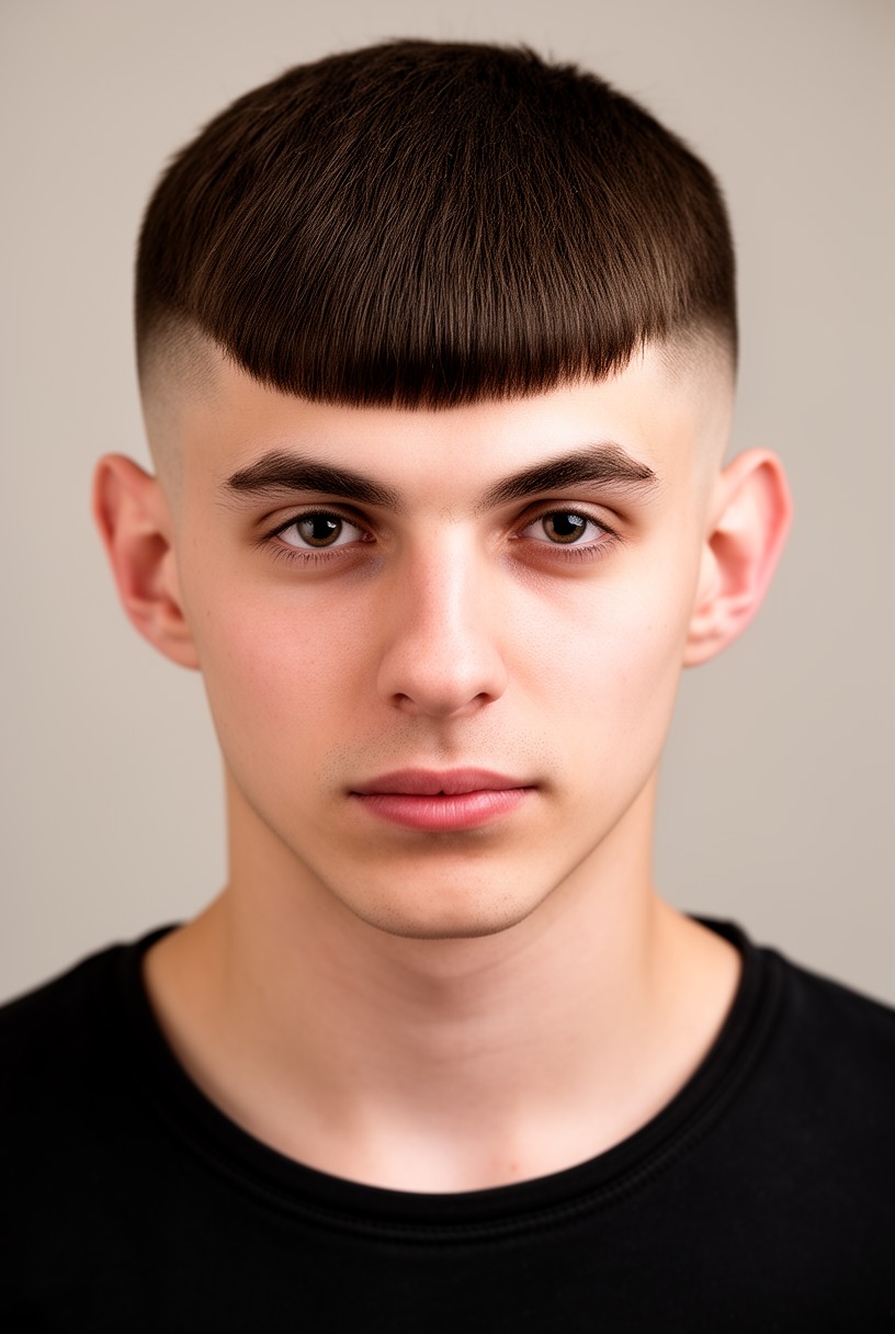 Homme avec une coupe casquette moderne, dessus arrondi et frange nette