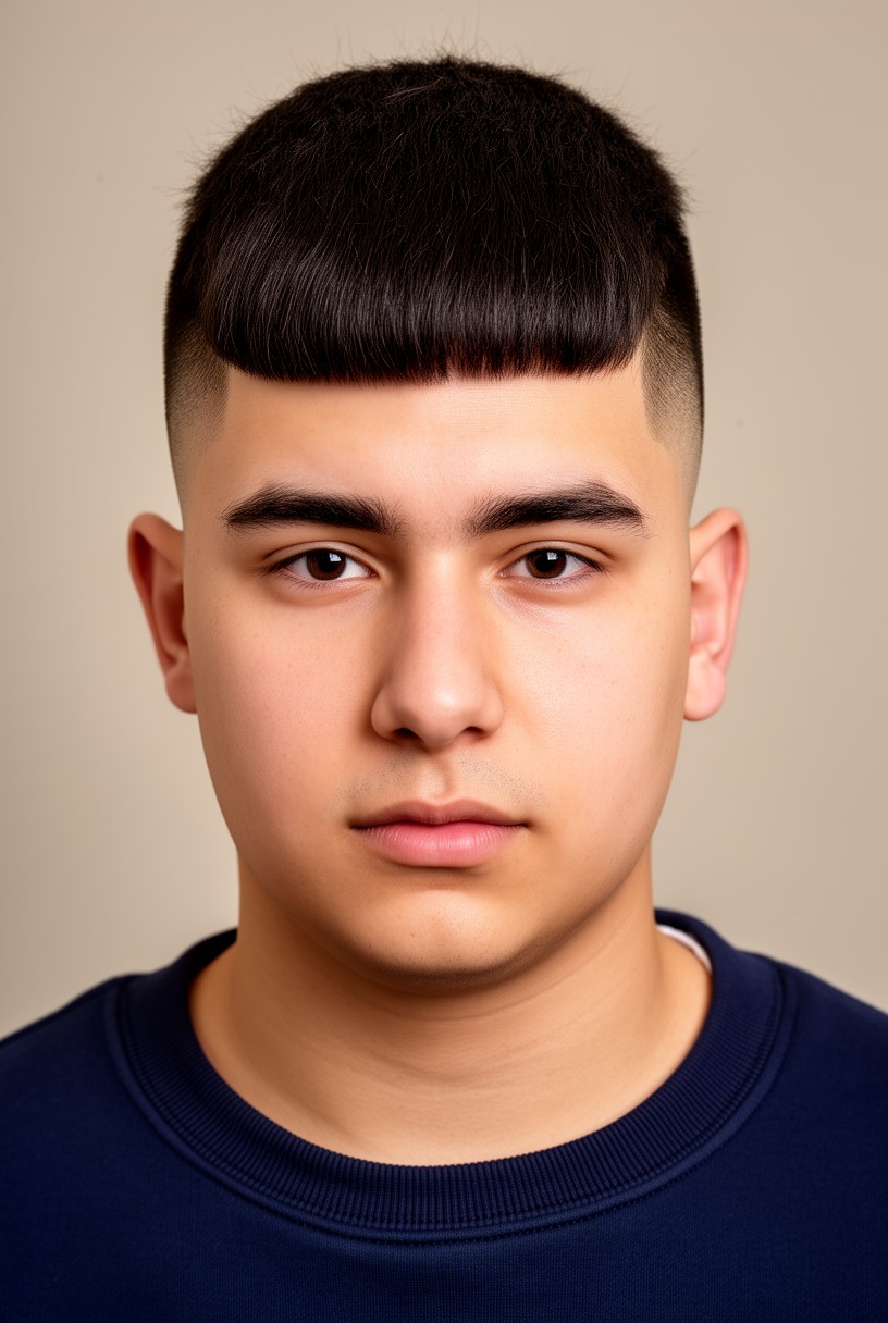 Homme au visage rond avec une coupe casquette au dessus plus haut