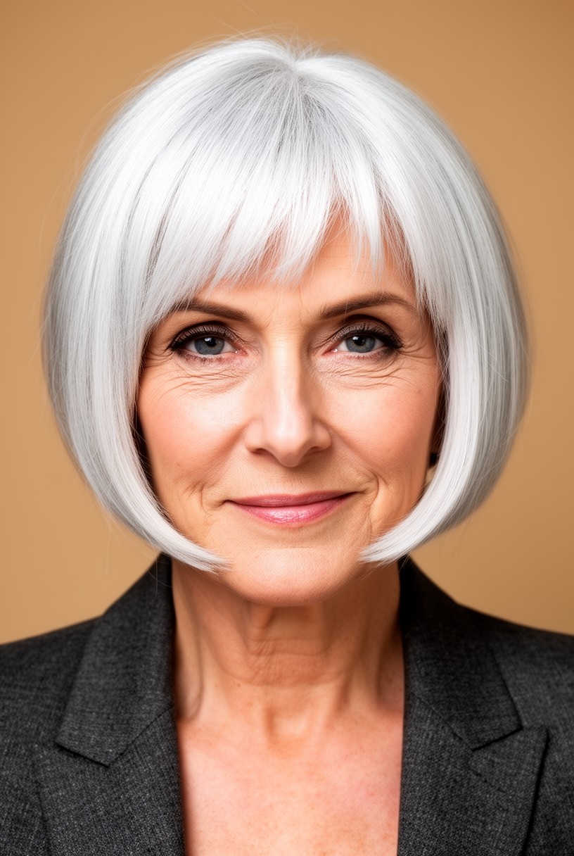 Femme de 63 ans avec un carré court plongeant blanc plus long devant
