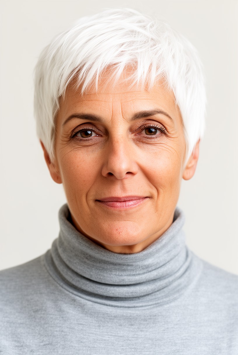 Femme de 62 ans avec une coupe pixie courte sur cheveux blancs