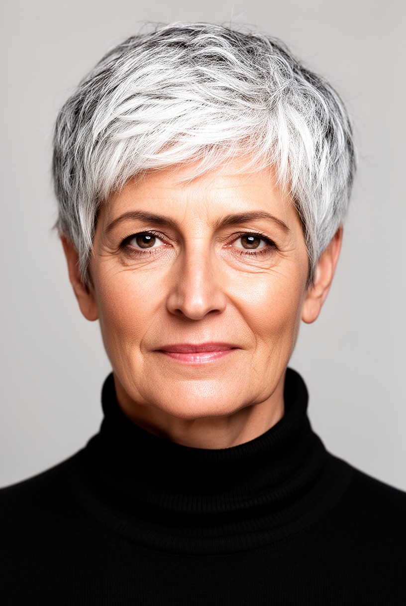 Femme de 65 ans avec une coupe courte poivre et sel brillante